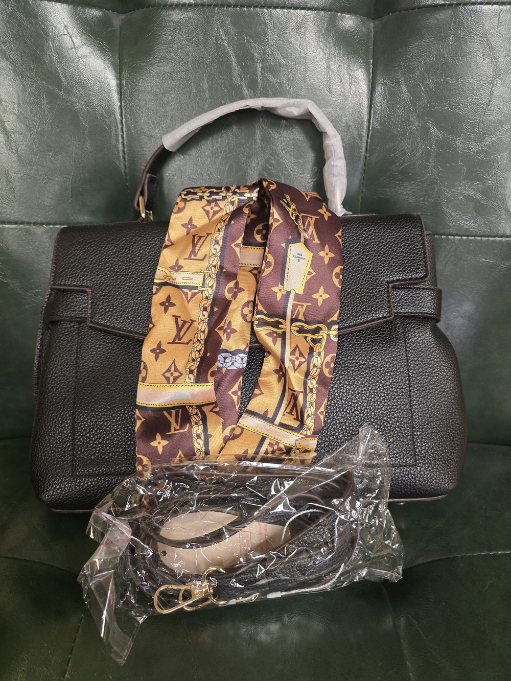 Black Textured Faux Leather Top-Handle Bag with Silk Scarf